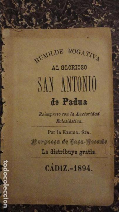 Libros antiguos: ROGATIVA AL GLORIOSO SAN ANTONIO DE PADUA.MARQUESA DE CASA RECA&Ntilde;O.CADIZ 1894