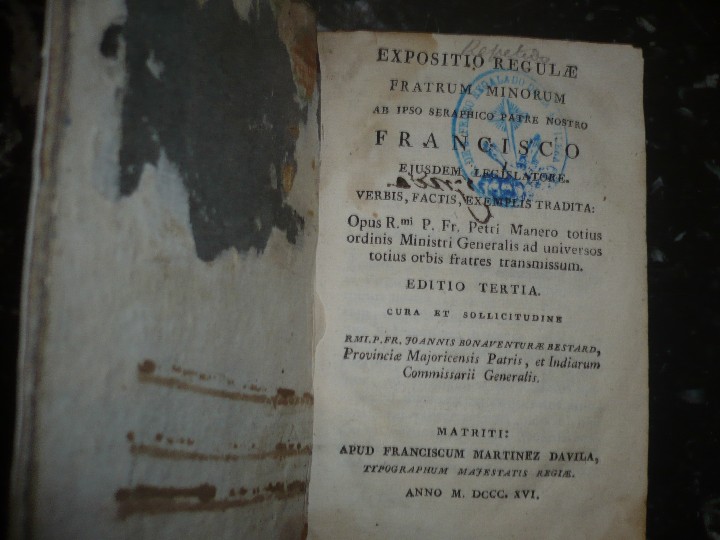 Libros antiguos: EXPOSITIO REGULAE FRATRUM MINORUM PETRI MANERO 1816 MATRITI