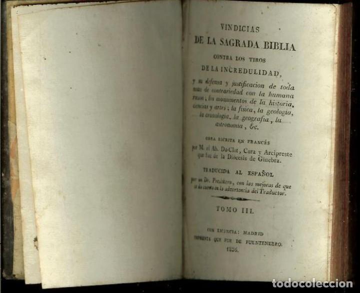 Libros antiguos: Vindicias de la Sagrada Biblia contra los tiros de la incredulidad 1826