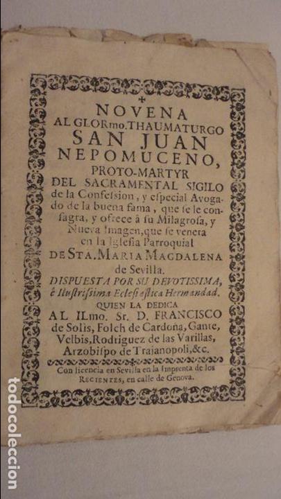 Libros antiguos: NOVENA.SAN JUAN NEPOMUCENO.PARROQUIA STA.MARIA MAGDALENA.SEVILLA SIGLO XVIII.FRANCISCO DE SOLIS