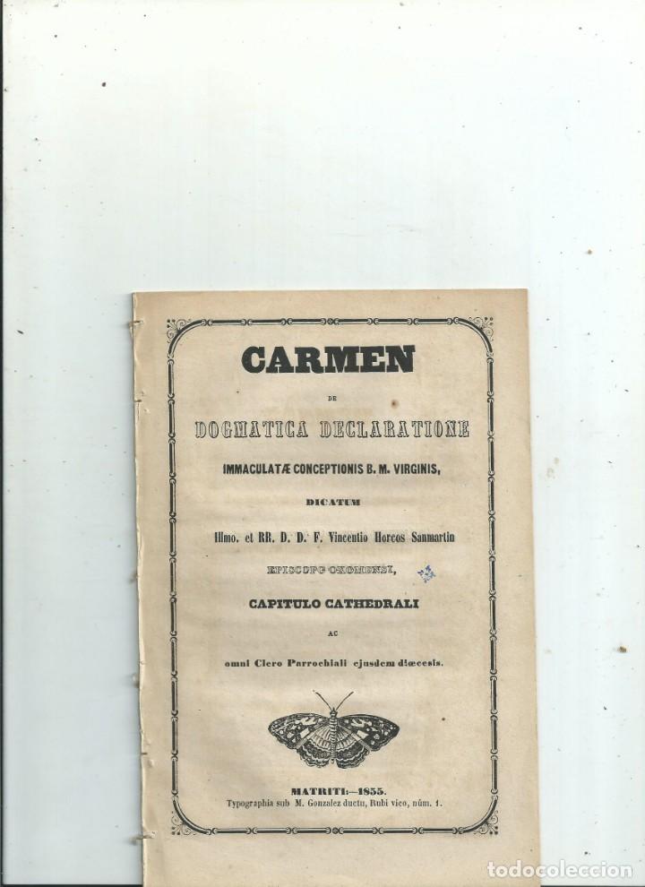 Libros antiguos: CARMEN DE DOGMATICA DECLARATIONE INMACULATAE CONCEPTIONIS B.M. VIRGINIS Vicente Horcos Sanmart&iacute;n1855