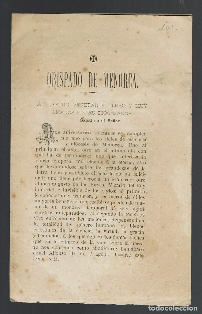 Livros antigos: OBISPADO DE MENORCA. A NUESTRO VENERABLE CLERO Y MUY AMADOS FIELES DIOCESANOS. A&Ntilde;O 1887(MENORC.15.7)