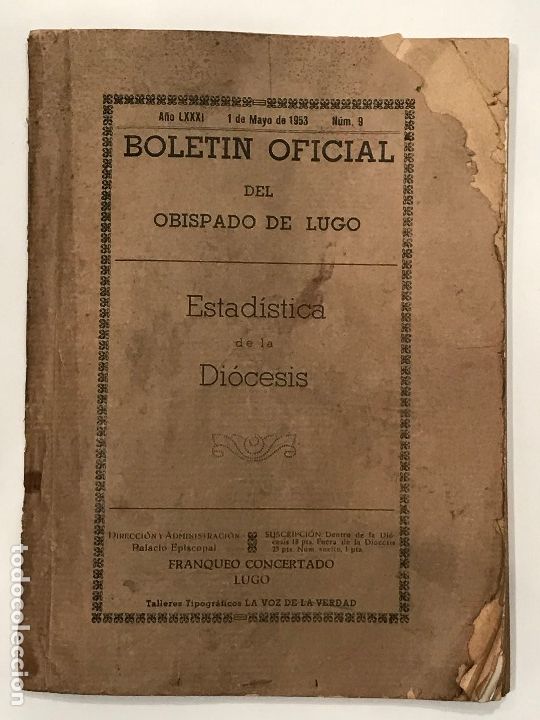 Libri antichi: Lugo. A&ntilde;o 1953. Estad&iacute;stica de la Di&oacute;cesis de Lugo. Galicia.