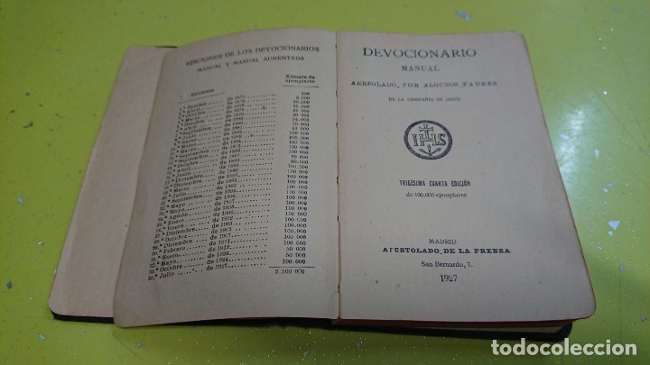 Libros antiguos: DEVOCIONARIO MANUAL ARREGLADO POR ALGUNOS PADRES DE LA COMPA&Ntilde;&Iacute;A DE JES&Uacute;S A&Ntilde;O 1927