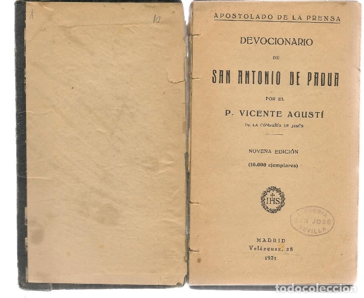 Libros antiguos: DEVOCIONARIO DE SAN ANTONIO DE PADUA. P. VICENTE AGUST&Iacute;, MADRID 1931, (P/D48)