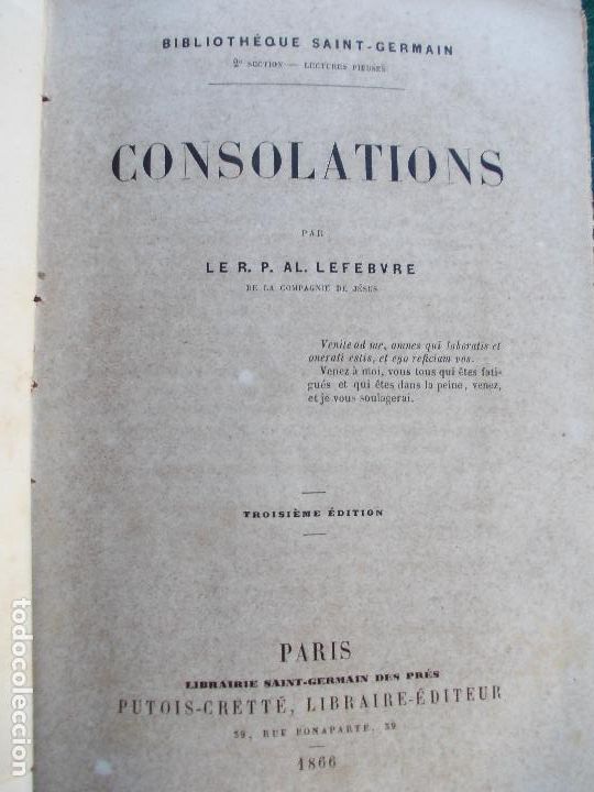 Libros antiguos: CONSOLATIONS 1866 EN FRANC&Eacute;S SAINT-GERMAIN LIBRO RESTAURADO - Foto 1