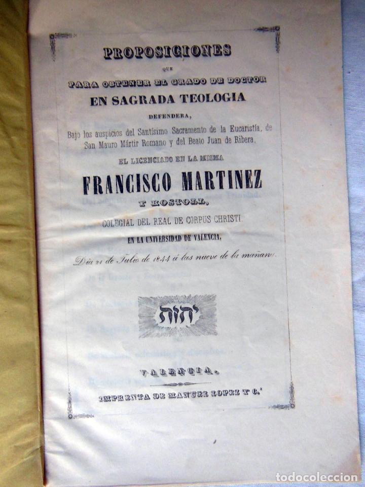 Livros antigos: PROPOSICIONES PARA OBTENER EL GRADO DE DOCTOR EN SAGRADA TEOLOGIA. 1844 FRANCISCO MARTINEZ Y ROSTOLL