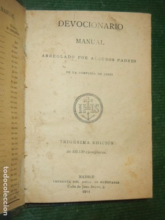 Libros antiguos: DEVOCIONARIO MANUAL ARREGLADO POR ALGUNOS PADRES DE LA COMPA&Ntilde;IA DE JESUS - 30.ED. MADRID 1911