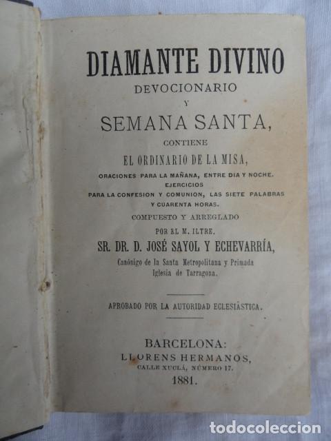 Libros antiguos: LIBRO DEVOCIONARIO DIAMANTE DIVINO. A&Ntilde;O 1881.