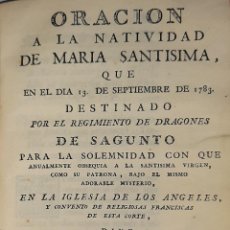 Libros antiguos: ORACION A LA NATIVIDAD DE MARIA SANTISIMA REGIMIENTO DE DRAGONES DE SAGUNTO 1783
