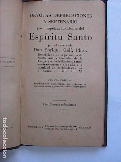 Libri antichi: DEVOTAS DEPRECACIONES Y SEPTENARIO. ESPIRITU SANTO, 1931.PBRO. ENRIQUE GAL&Iacute;.