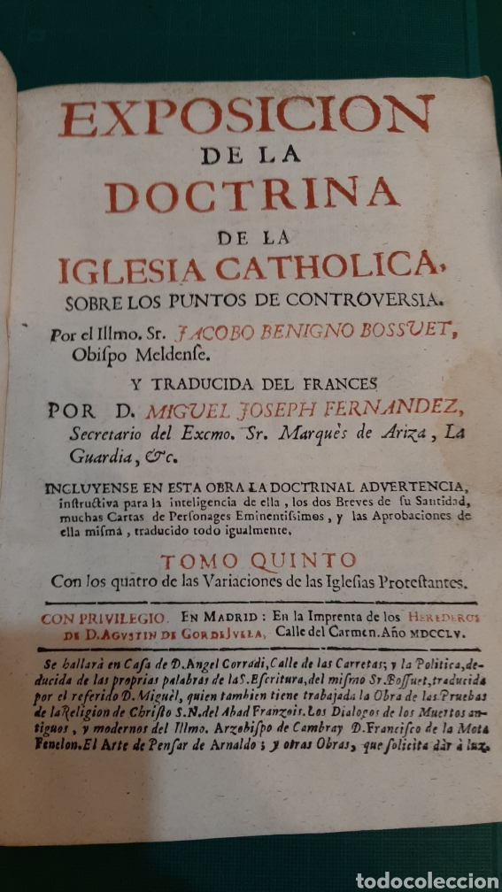 Livres anciens: 214 hojas bueno estado MDCCLV exposici&oacute;n doctrina iglesia cat&oacute;lica puntos controversia joseph Fern