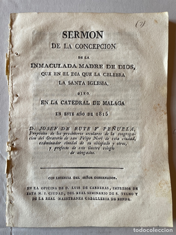 Libros antiguos: M&Aacute;LAGA. Serm&oacute;n de la Concepci&oacute;n . A&ntilde;o 1815 - Foto 1