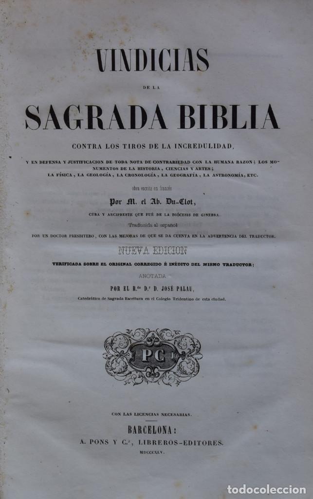 Old books: VINDICIAS DE LA SAGRADA BIBLIA CONTRA LOS TIROS DE LA INCREDULIDAD - DU-CLOT