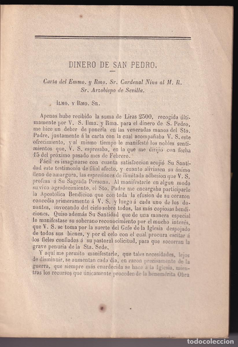 Libros antiguos: EL DINERO DE SAN PEDRO. CARTA DEL CARDENAL NINA AL ARZOBISPO DE SEVILLA. 1879
