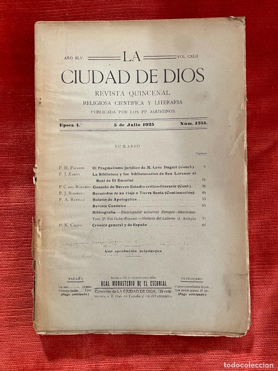 Old books: LA CIUDAD DE DIOS REVISTA DE LOS P.P AGUSTINOS. NUMERO 1251. A&Ntilde;O 1925 MONASTERIO DEL ESCORIAL