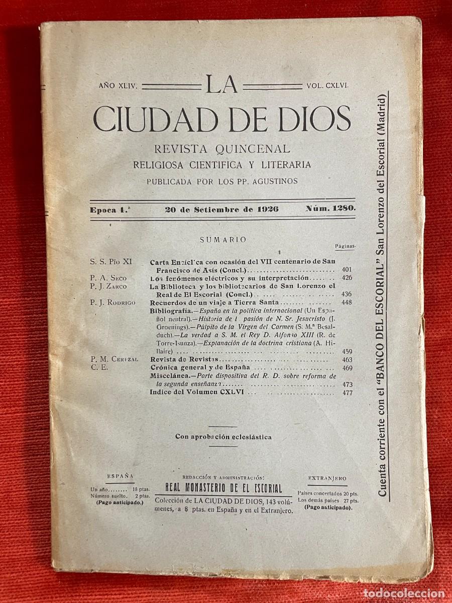 Libros antiguos: LA CIUDAD DE DIOS REVISTA DE LOS P.P AGUSTINOS. NUMERO 1280 A&Ntilde;O 1926 MONASTERIO DEL ESCORIAL