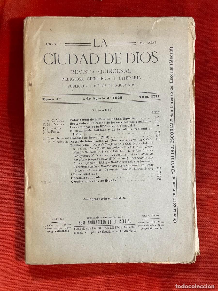 Libros antiguos: LA CIUDAD DE DIOS REVISTA DE LOS P.P AGUSTINOS. NUMERO 1277 A&Ntilde;O 1926 MONASTERIO DEL ESCORIAL