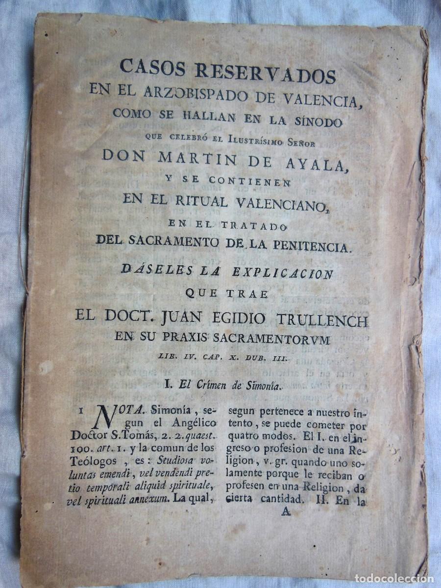 Libros antiguos: CASOS RESERVADOS EN EL ARZOBISPADO DE VALENCIA, ...1789 Juan EGIDIO TRULLENCH