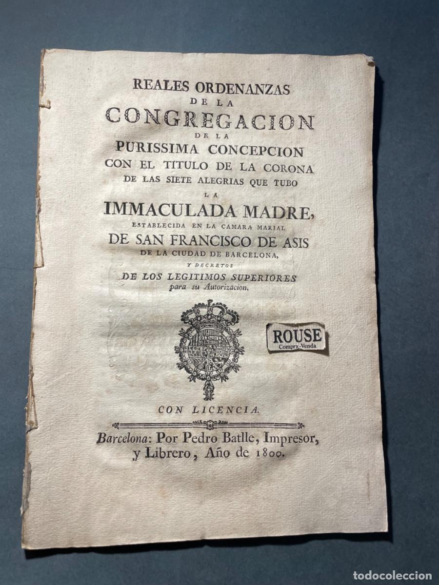 Libros antiguos: REALES ORDENANZAS DE LA CONGREGACI&Oacute;N DE LA PURISIMA CONCEPCION CON EL TITULO DE LA CORONA DE LAS SIE