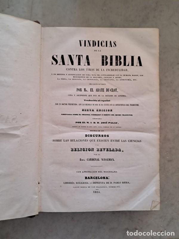 Livros antigos: VINDICIAS DE LA SANTA BIBLIA , POR EL Mr. EL ABATE DU-CLOT, BARCELONA 1854