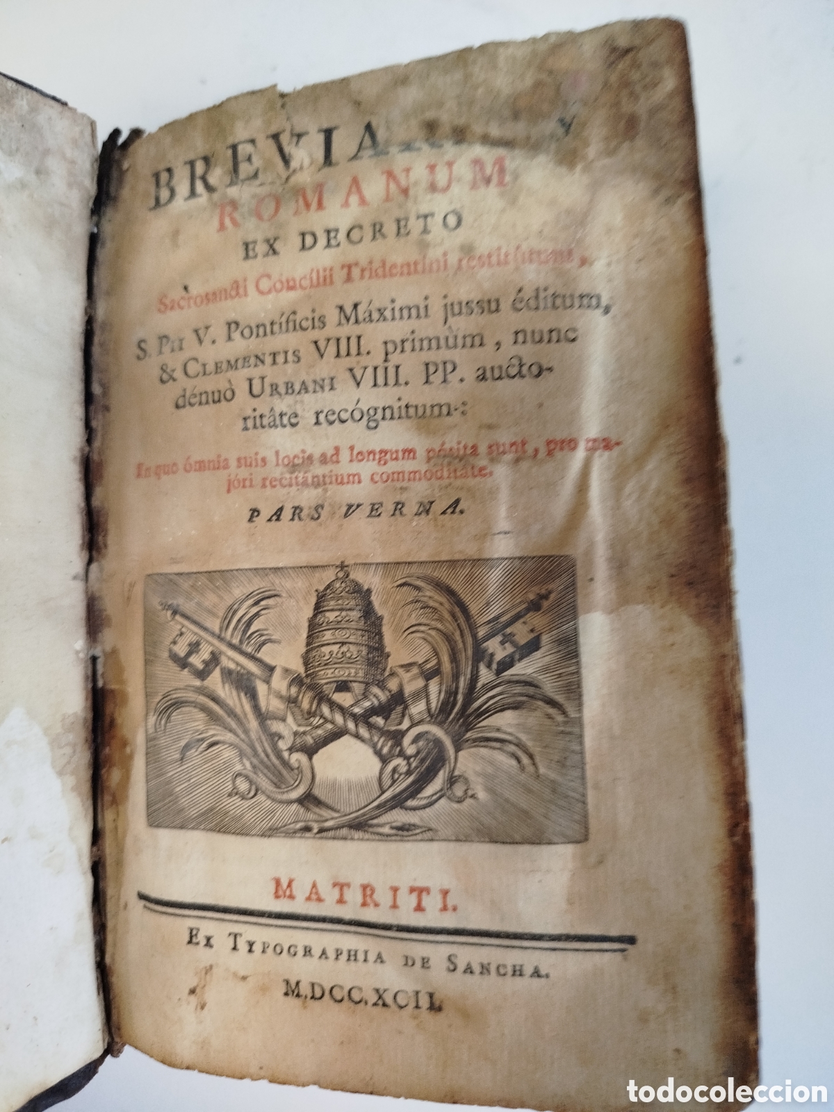 Libri antichi: Libro antiguo breviario romano, en lat&iacute;n, a&ntilde;o 1792, tapas de cuero