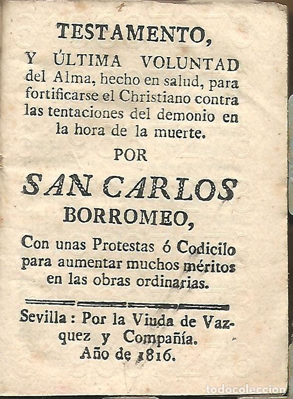 Libros antiguos: SEVILLA SAN CARLOS BORROMEO TESTAMENTO Y ULTIMA VOLUNTAD 1816 64PG U72