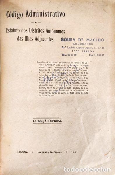 Libros antiguos: C&Oacute;DIGO ADMINISTRATIVO E ESTATUTO DOS DISTRITOS AUT&Oacute;NOMOS DAS ILHAS ADJACENTES. - Foto 1