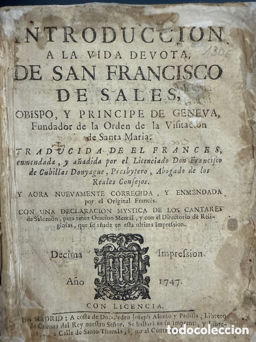 Old books: FRANCISCO DE SALES, Santo Introducci&oacute;n a la vida devota de San Francisco de Sales, 1747