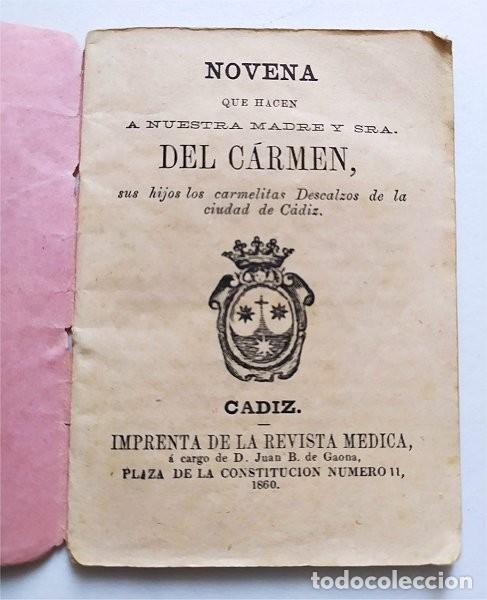 Livros antigos: Novena a Ntra. Sra. del Carmen. C&aacute;diz, 1860. Imp. de la Revista M&eacute;dica a cargo de Juan B. de Gaona