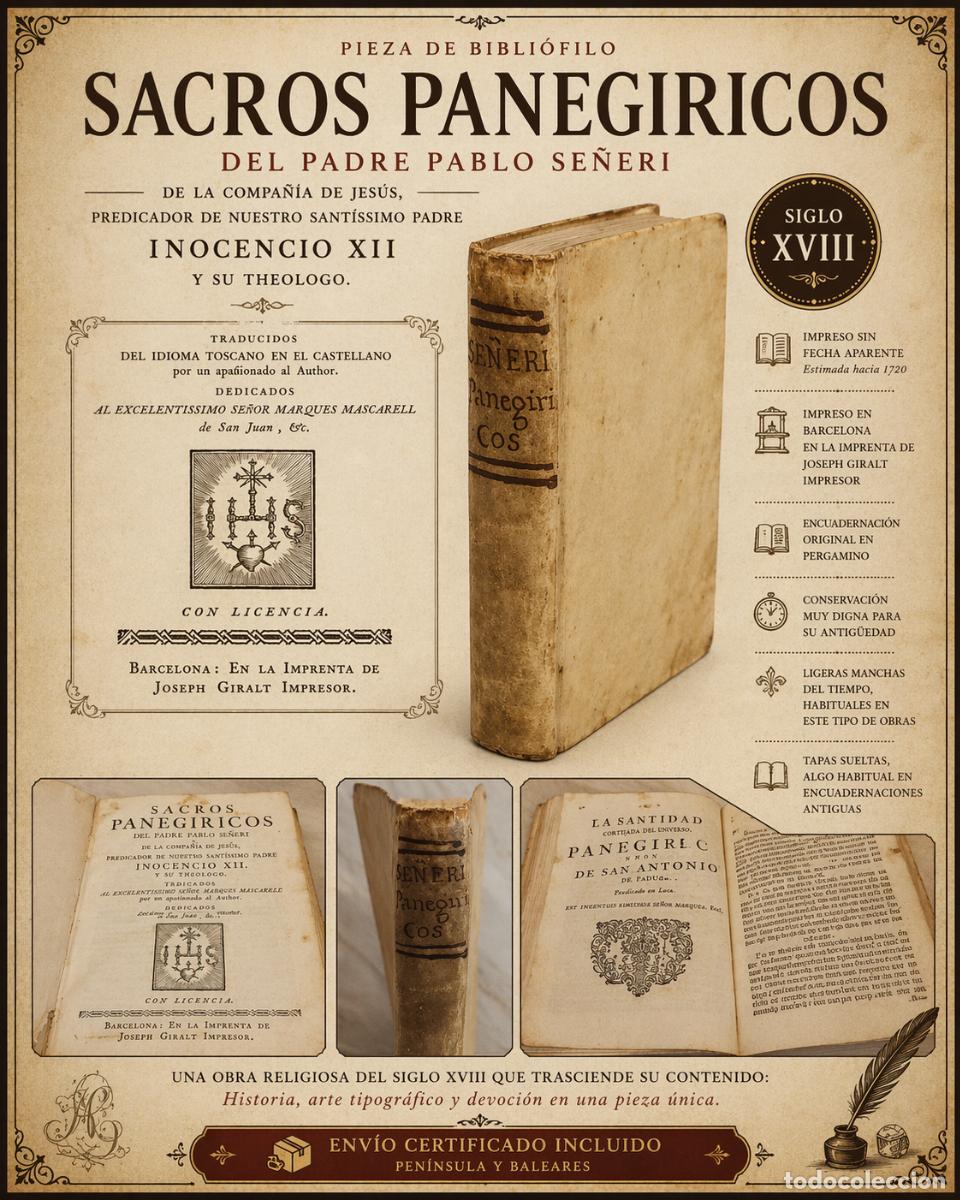 Old books: SACROS PANEGIRICOS DEL PADRE PABLO SE&Ntilde;ERI / S.XVIII / PERGAMINO