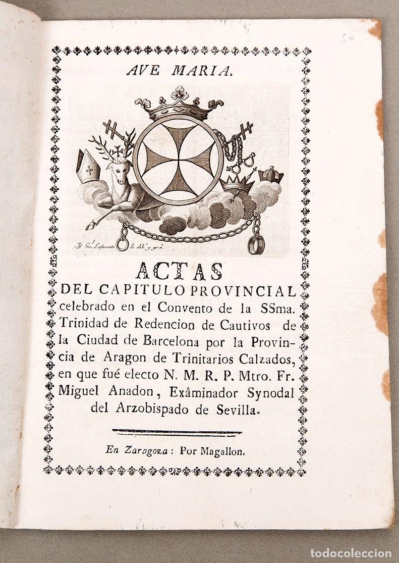 Libros antiguos: ACTAS CAPITULO TRINITARIOS CALZADOS EN BARCELONA - IMPRESO EN ZARAGOZA EN 1815