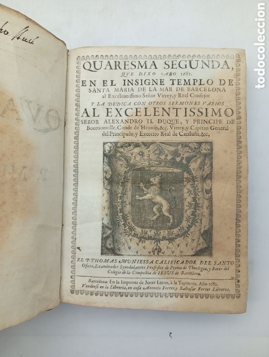 Antiquarische B&uuml;cher: Raro ejemplar Quaresma segunda Templo de Santa Mar&iacute;a del Mar Barcelona 1682