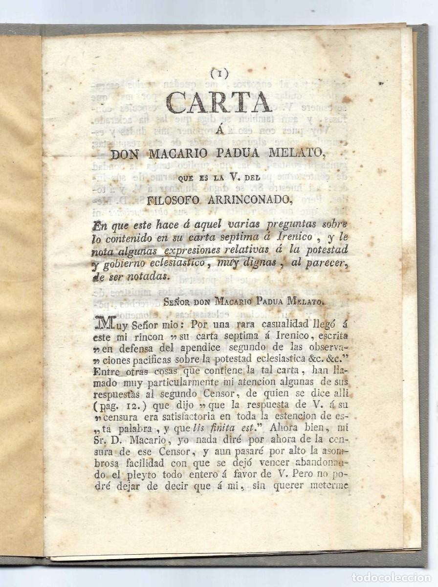 Libros antiguos: CARTA A DON MACARIO PADUA MELATO. FILOSOFO ARRINCONADO. VILLANUEVA. 1821