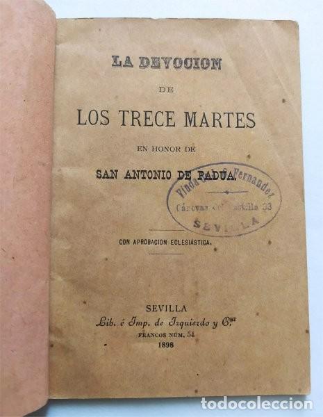 Libros antiguos: La devoci&oacute;n de los trece martes en honor a San Antonio de Padua. Sevilla, 1898