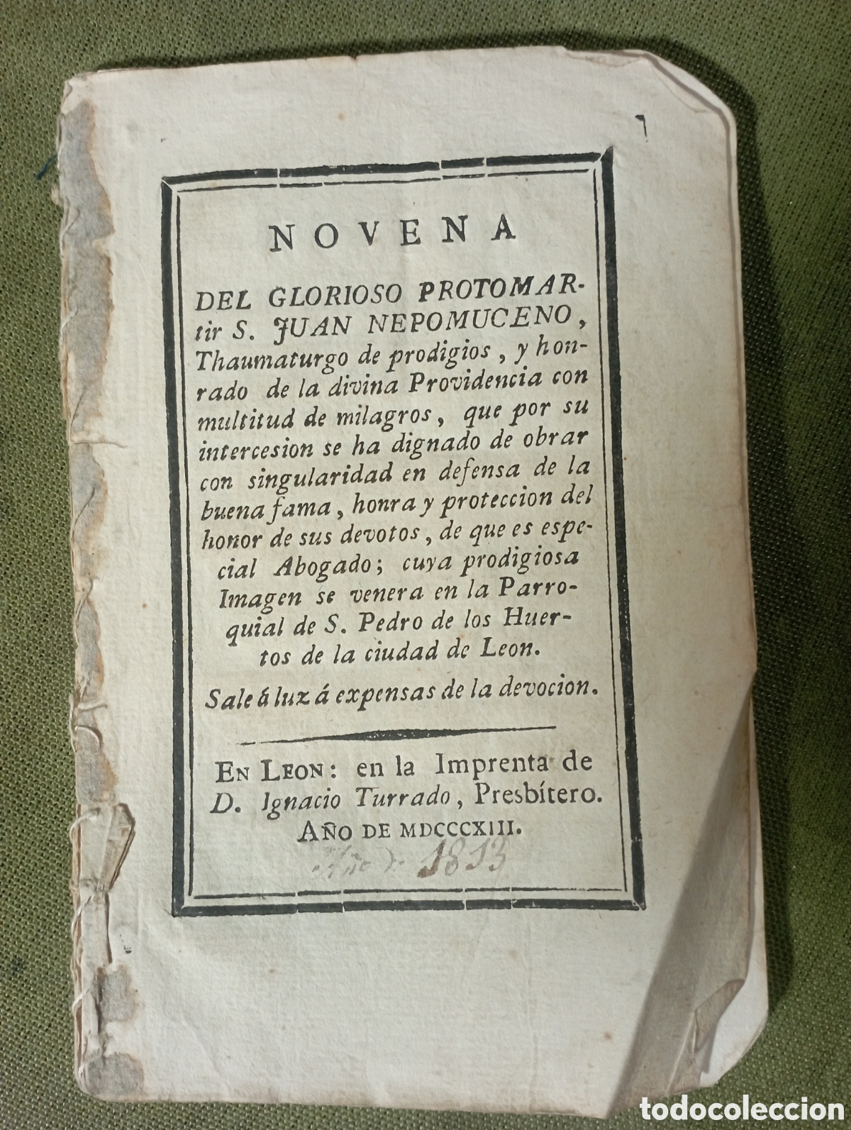 Libros antiguos: novena del glorioso protom&aacute;rtir san juan nepomuceno 1813