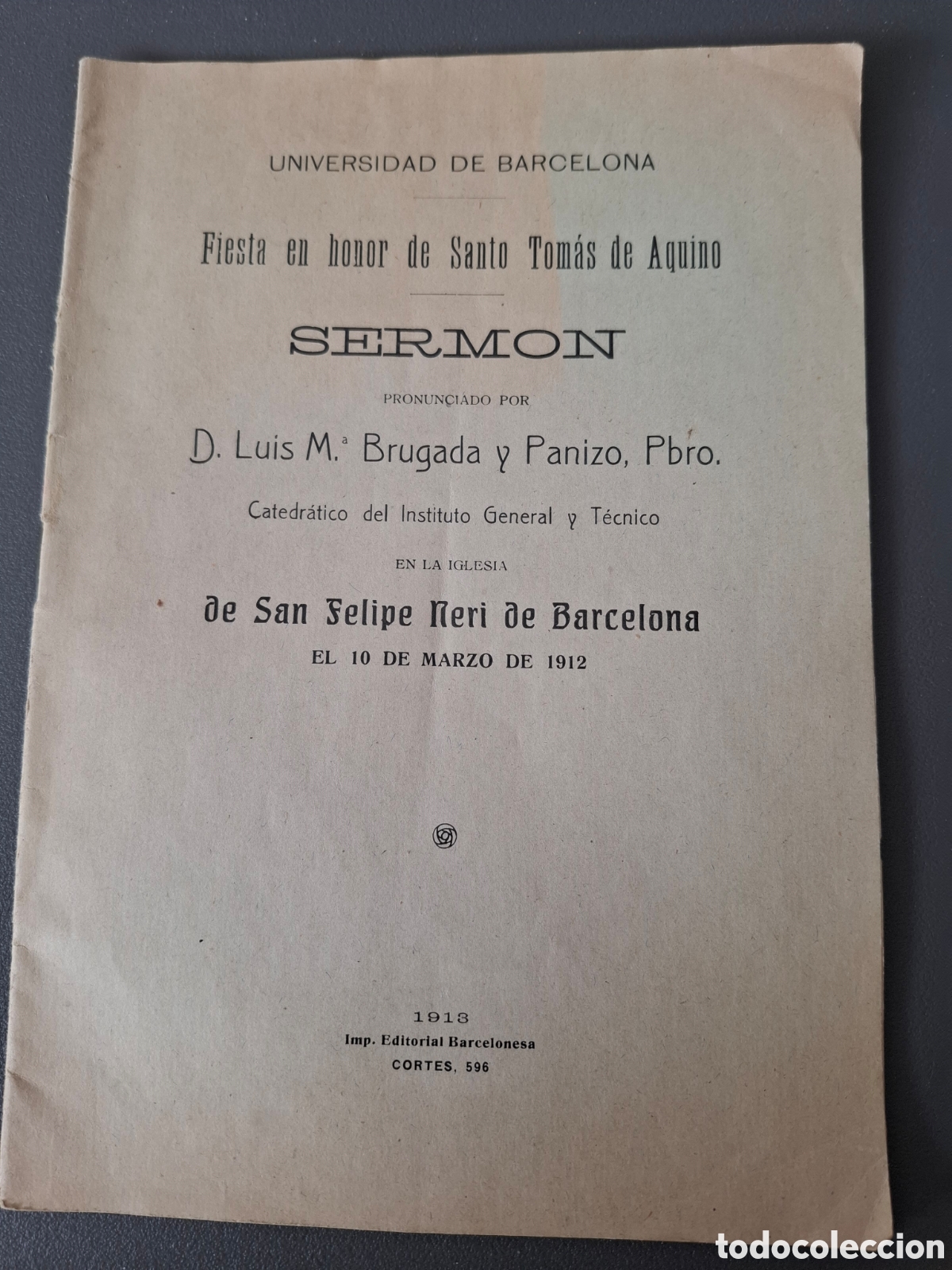 Livros antigos: Serm&oacute;n - Luis M&ordf; brugada - San Felipe Neri de Barcelona- 1913