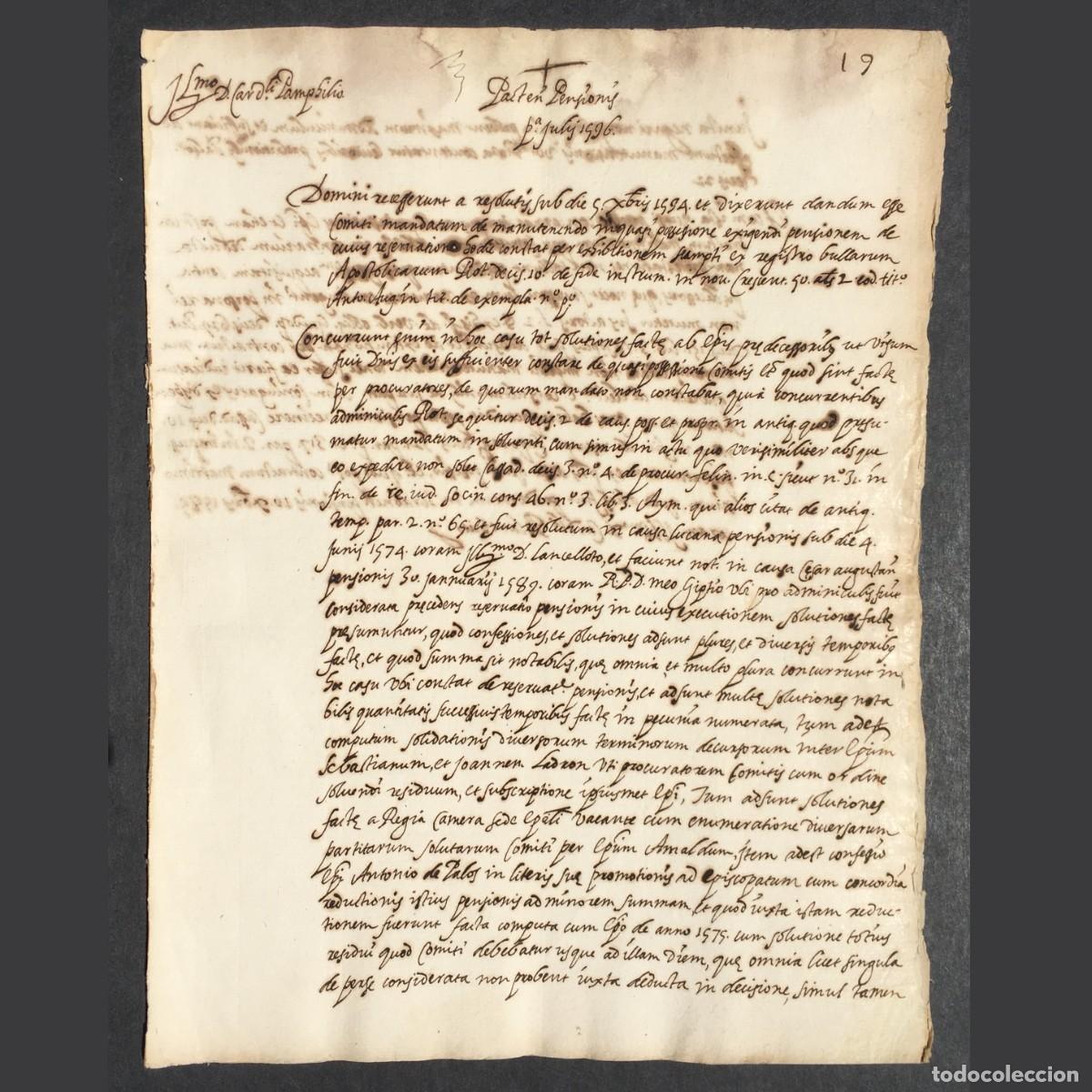 Libros antiguos: A&ntilde;o 1596 - Manuscrito - Derecho can&oacute;nico - Pacten Pensionis - Folio