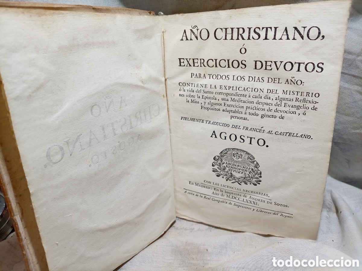 Libros antiguos: 1781, A&Ntilde;O CHRISTIANO O EXERCICIOS DEVOTOS, AGOSTO, DEL FRANC&Eacute;S AL CASTELLANO CON FUNDA DE PIEL