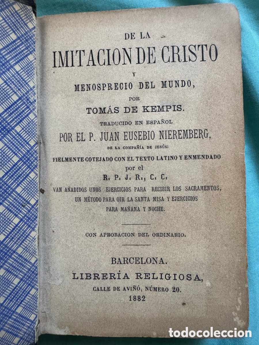 Libros antiguos: Imitaci&oacute;n De Cristo del a&ntilde;o 1.882) de Tom&aacute;s de Kempis.