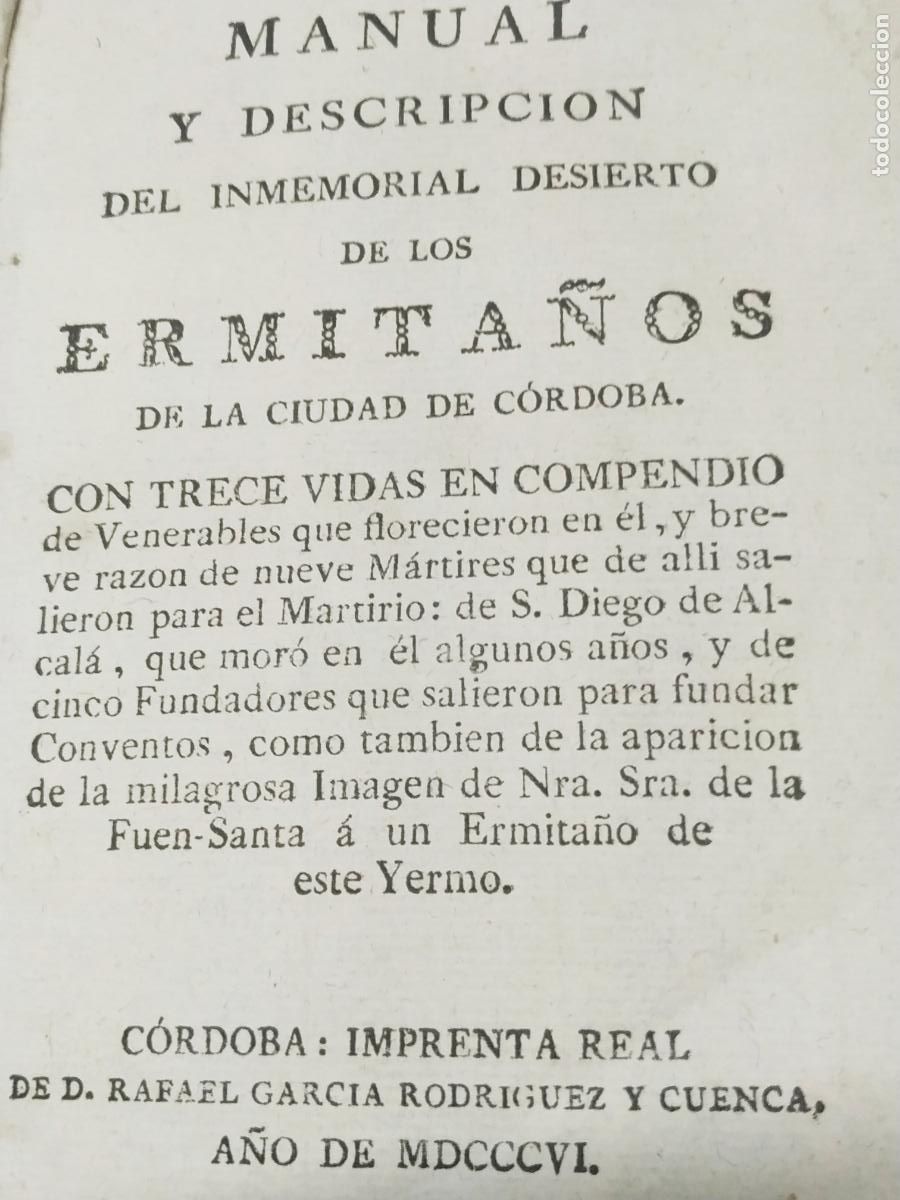Libros antiguos: Manual desierto ermita&ntilde;os C&oacute;rdoba Cartujos. Imp. R G Rodr&iacute;guez Cuenca 1806