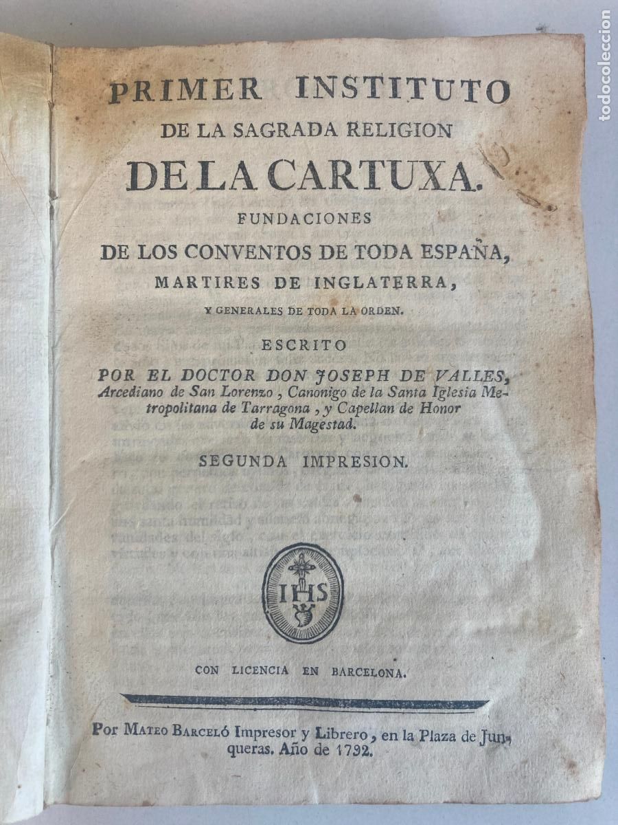 Libros antiguos: PRIMER INSTITUTO DE LA SAGRADA RELIGION DE LA CARTUXA - BARCELONA 1792 - PERGAMINO