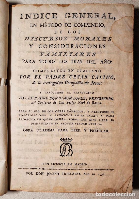 Livres anciens: INDICE GENEAL...COMPENDIO...DISCURSOS MORALES..MADRID, 1792