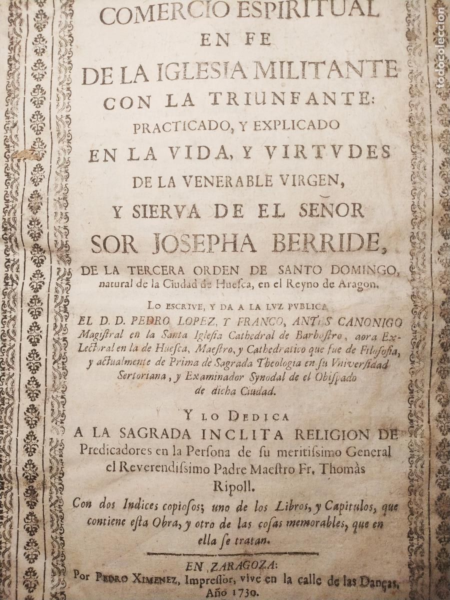 Libros antiguos: L L&oacute;pez Franco Comercio espiritual sierva Josefa Berride Zaragoza 1730 grabado