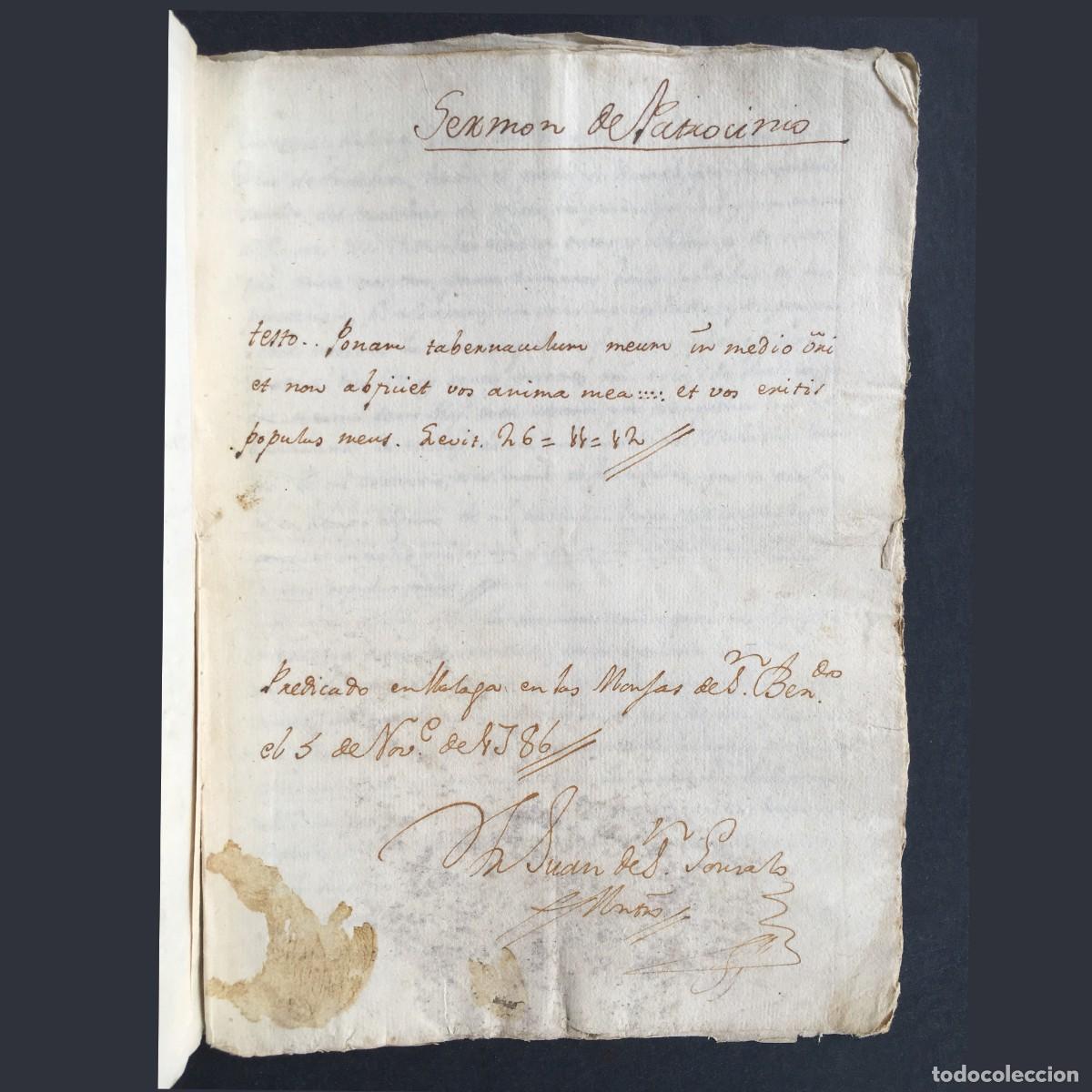 Libros antiguos: A&ntilde;o 1786 - Manuscrito - M&aacute;laga - Serm&oacute;n de Patrocinio - Convento San Bernardo - Historia Reconquista