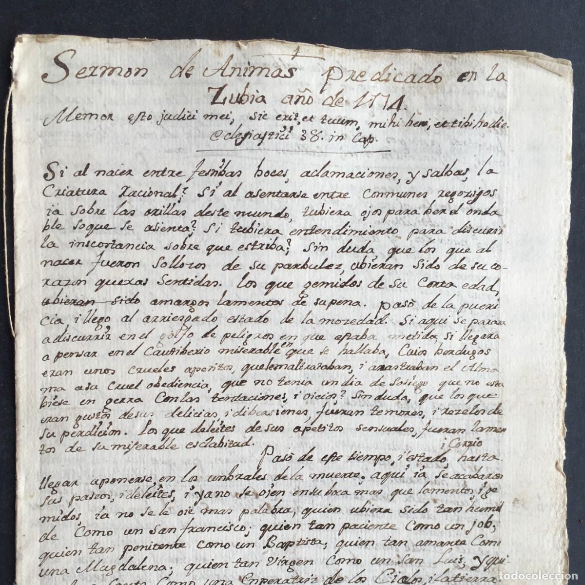 Libros antiguos: A&ntilde;o 1774 - Manuscrito - Serm&oacute;n de las Animas predicado en Zubia - Arjona - Granada