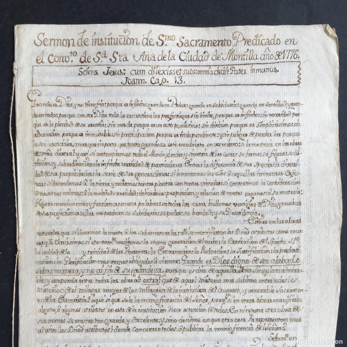 Libros antiguos: A&ntilde;o 1776 - Manuscrito - Serm&oacute;n del Sacramento predicado en el convento de Santa Ana Montilla C&oacute;rdoba