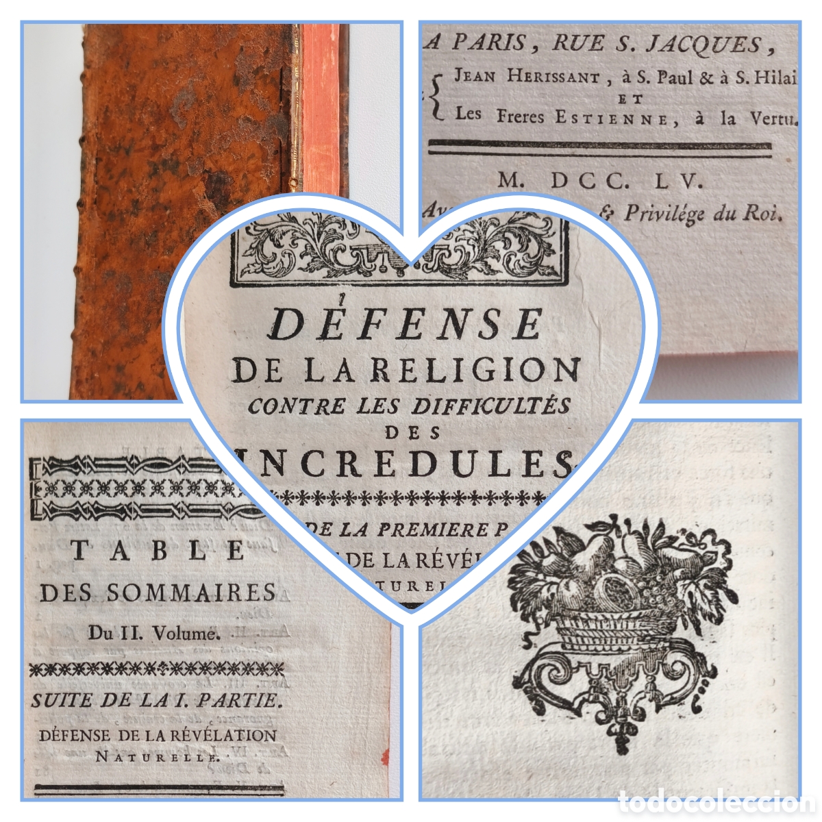 Libros antiguos: Libro antiguo 1755. D&eacute;fense de la Religion contre les difficult&eacute;s des incr&eacute;dules