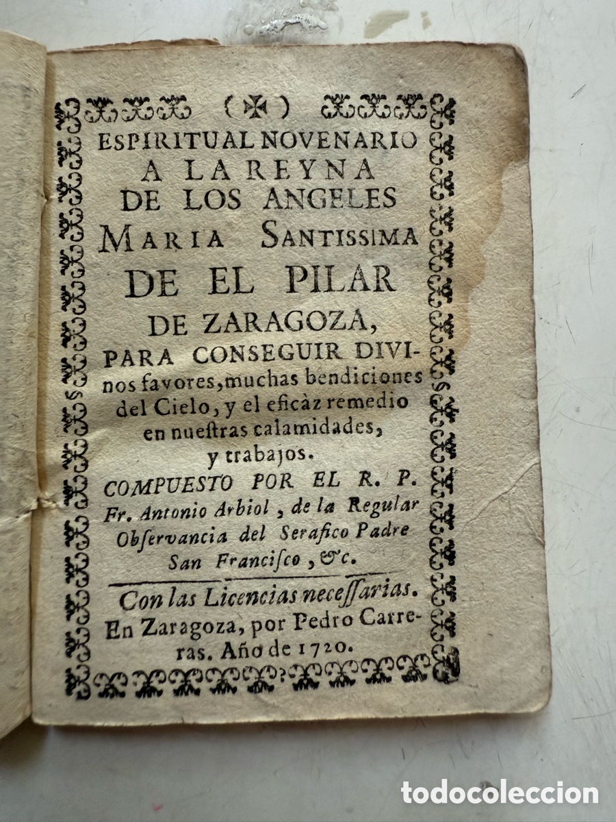 Antiquarische B&uuml;cher: 1720. Espiritual Novenario a la Reyna de los Angeles Ma. Sant&iacute;sima del Pilar de Zaragoza