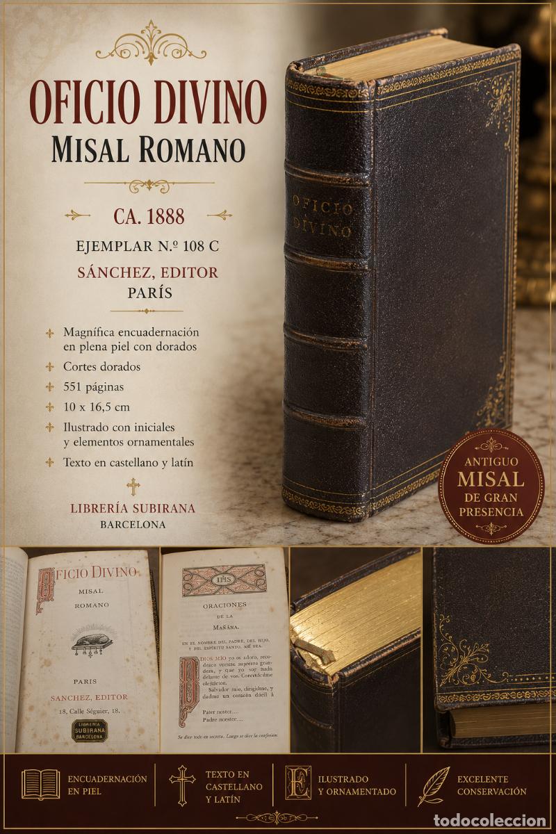 Libros antiguos: MISAL ROMANO OFICIO DIVINO | CA. 1888 | PIEL, DORADOS Y CORTES DORADOS | S&Aacute;NCHEZ PAR&Iacute;S